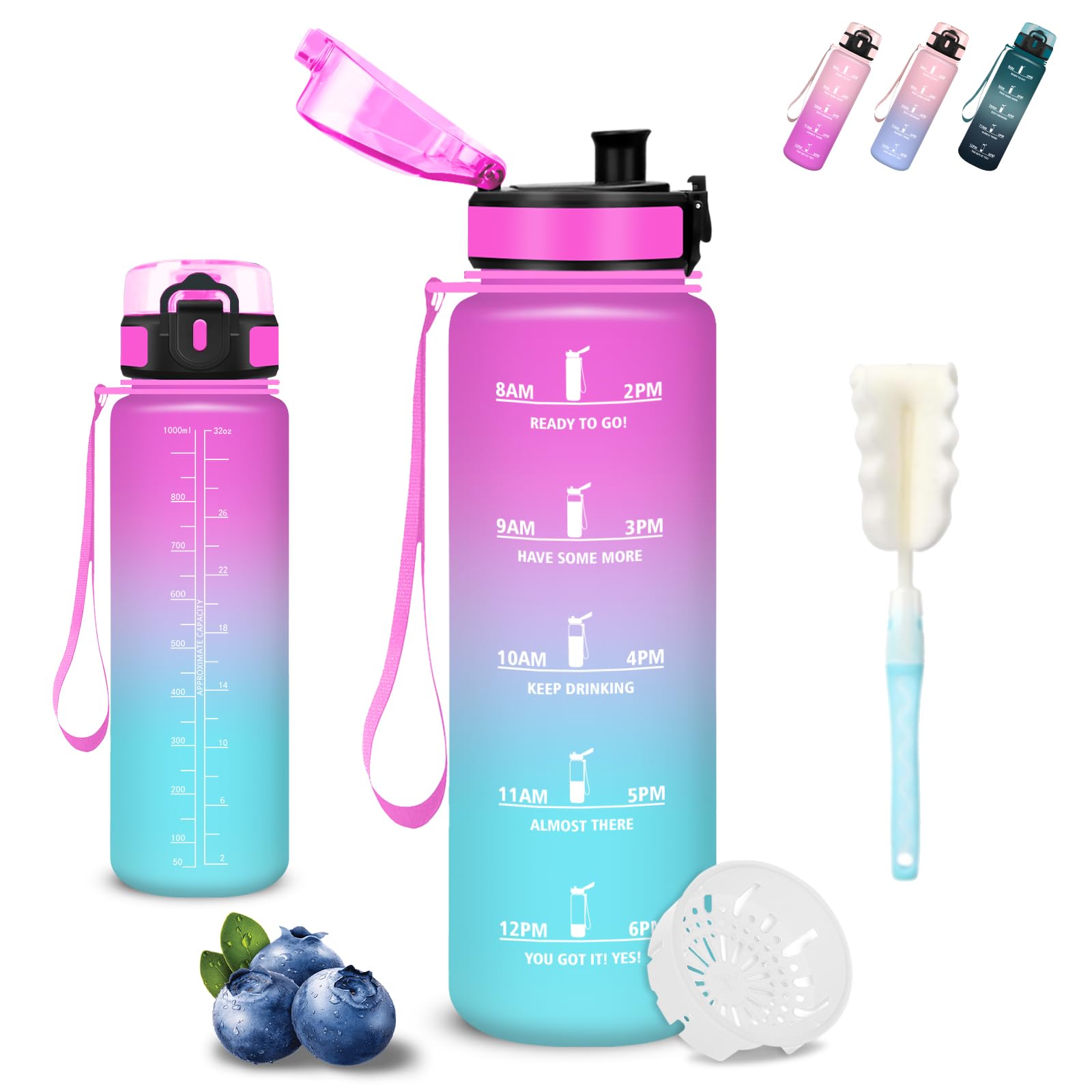 Mujigaga Borraccia 1 litro, Borraccia Palestra, Senza Perdite, Borraccie Motivazionale, Facile da Pulire, Borraccie Sportiva, con Scovolino in Spugna, Borracce per Campeggio, Escursionismo, Viaggio