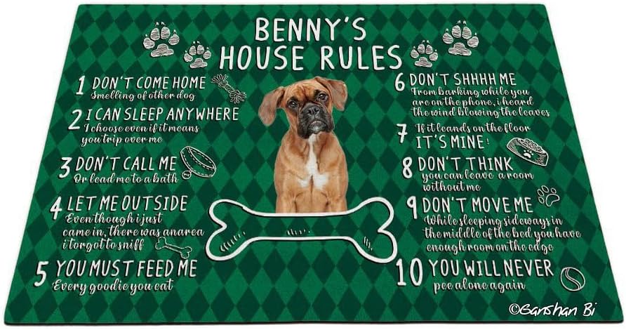 Custom Funny Blue Heeler Dog Doormat Dog's House Rules Paws Green Buffalo Check Plaid Door Mat Home Decorative Floor Mat 23.6" x 15.7"