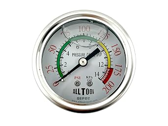 2" Oil Filled Pressure Gauge - Stainless Steel Case, Brass, 1/4" NPT, Center Back Mount, 0-200PSI Color Coded