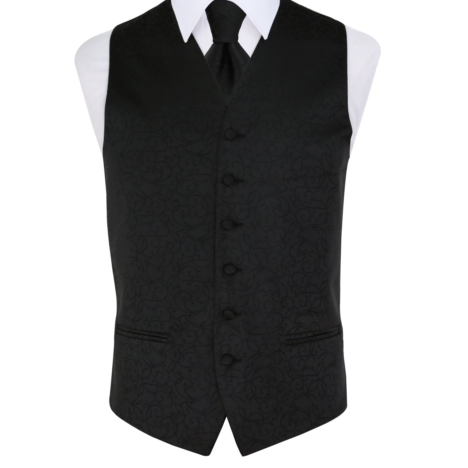 Dqt Men's Black Swirl Floral Jacquard Waistcoat & Tie Set (2Pc) - Wedding, Business & Formal - 38" (M)