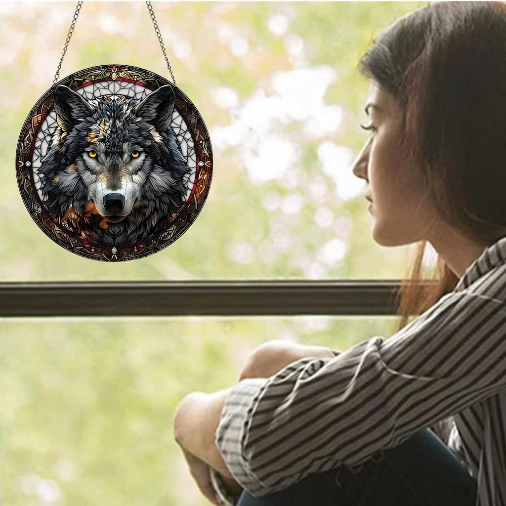 Wild Wolf Acrylic Window Hanging Jungle Animal Stained Suncatchers for Window Acrylic Panels Bedroom Garden Kitchen Wall Decoration Gifts for Women Mom Grandma Teacher