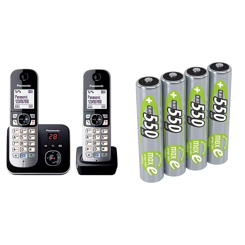 Panasonic KX-TG6822GB DECT Schnurlostelefon mit Anrufbeantworter schwarz & ANSMANN Akku AAA 550 mAh NiMH 1,2 V (4 Stück) - Micro AAA Batterien wiederaufladbar, maxE geringe Selbstentladung