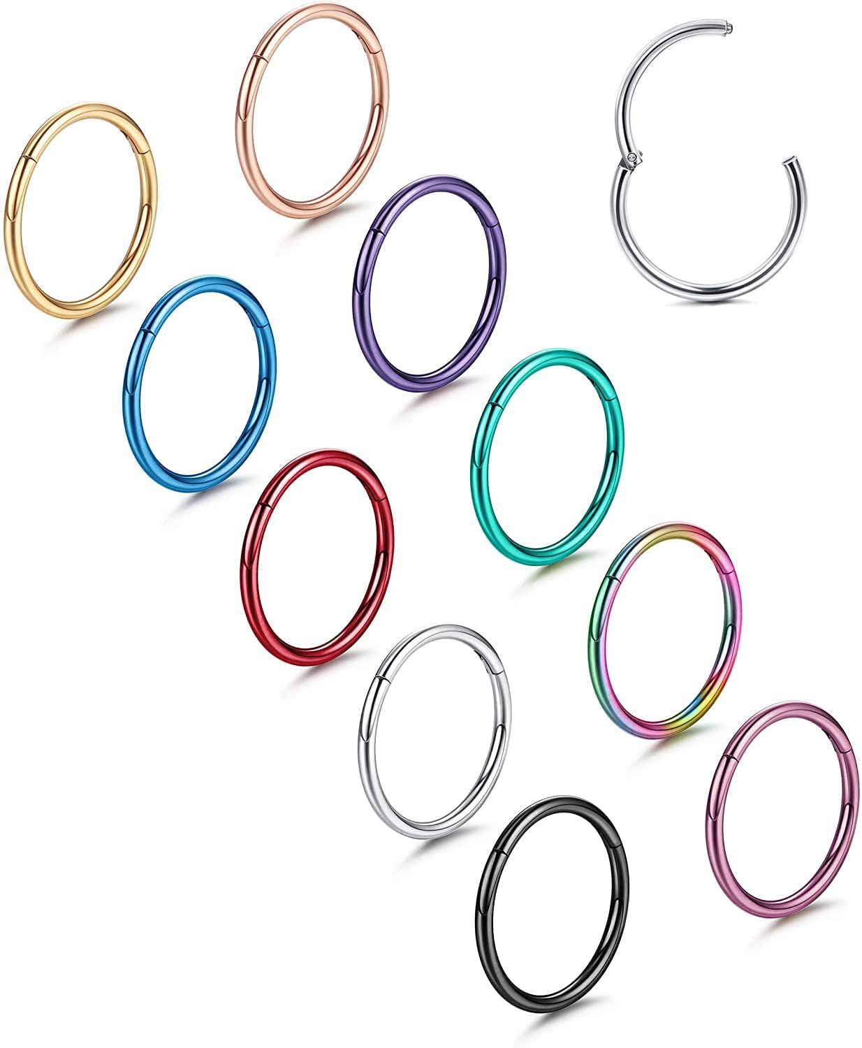 10 pz 16/18G Anello al Naso Incernierato Acciaio Chirurgico Naso Clicker Anello Hoop Segmento Labbro Elica Cartilagine Setto Daith Tragus Helix Rook Orecchini A Cerchio Piercing