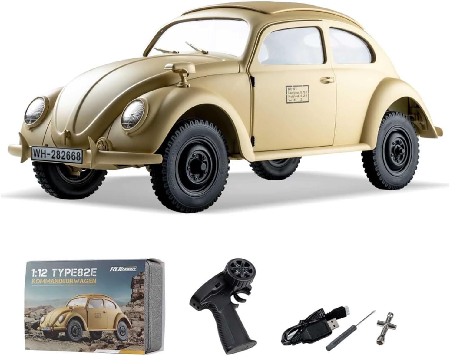 Fms EAZYRC x Rochobby 1/12 Scale The People's Car 4WD Remote Control Car RTR, 2-Speed Transmission KOMMANDEURWAGEN with Battery and 2.4Ghz Radio Yellow