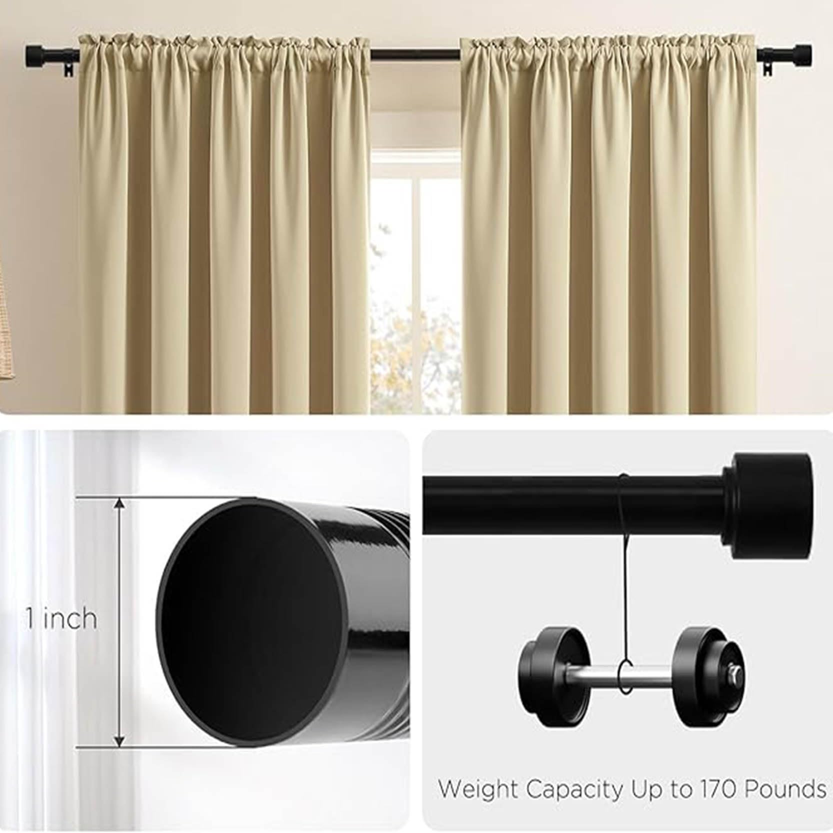 Schwarze Gardinenstangen, Verdunkelungs Gardinenstange für Schlafzimmer, Spleißen Fenstervorhangstangen, Kleiderstange für Wohnzimmer, Dekorative Einzelstange mit Endstück(Size:28-48in)