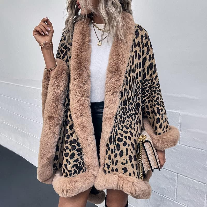 Women's Leopard Print Shawl Wraps Fur Collar Open Front Knitted Poncho Oversized Warm Cardigan Capes for Fall Winter - Image 4