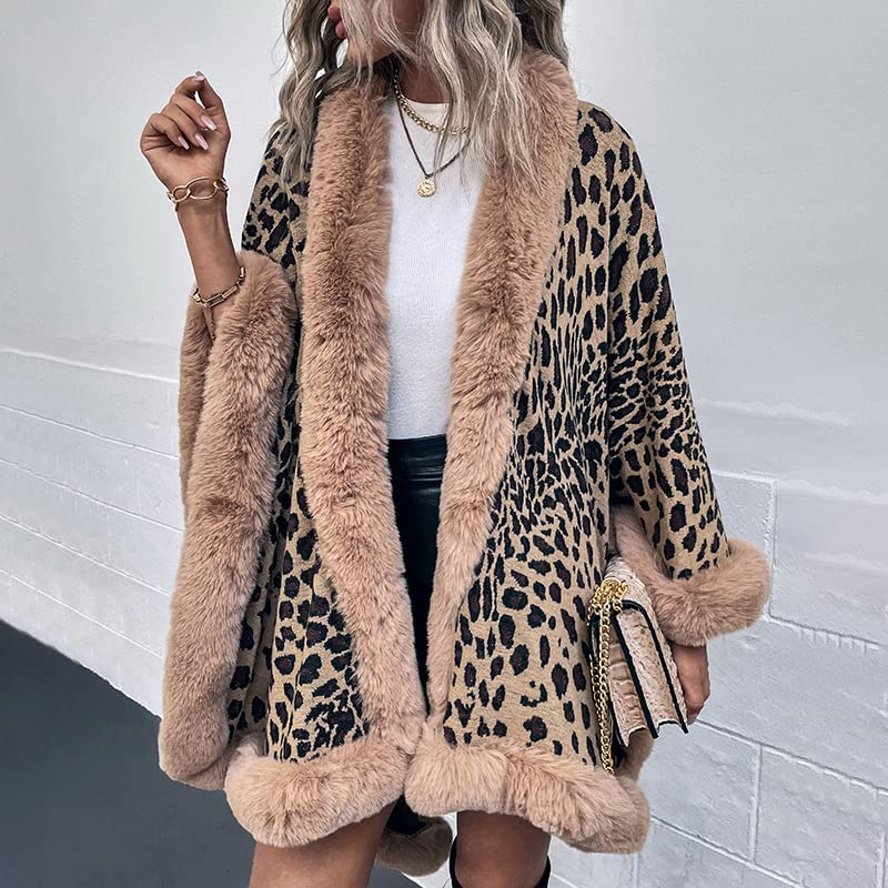Women's Leopard Print Shawl Wraps Fur Collar Open Front Knitted Poncho Oversized Warm Cardigan Capes for Fall Winter4