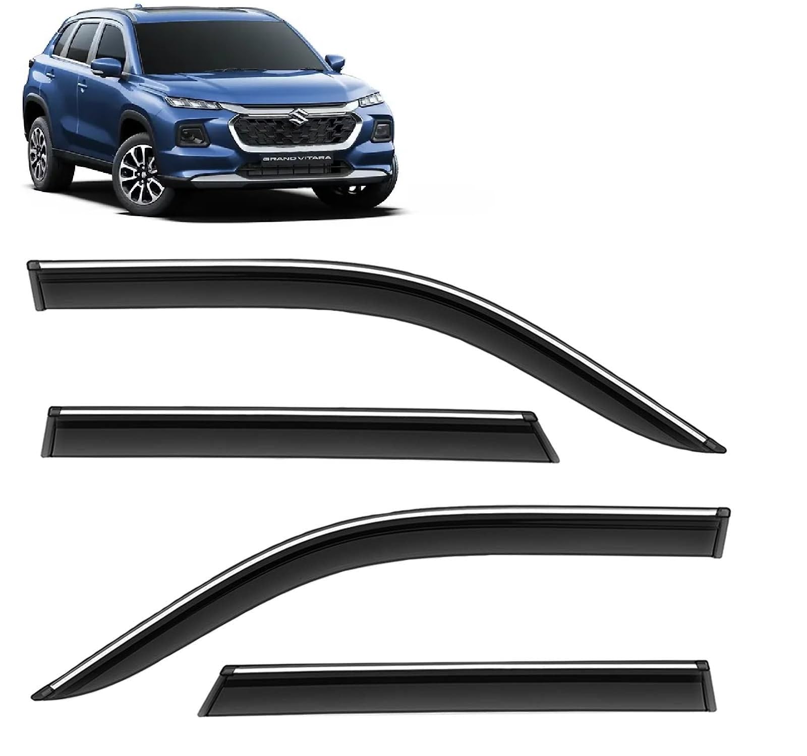 Grand Vitara Side Door Visor Car Rain Guard Compatible with Maruti Suzuki Grand Vitara (2025 Onwards) All Model - Chrome Lined Rear Window Wind Deflectors, Polycarbonate, Smoke, Set of 6 Pcs