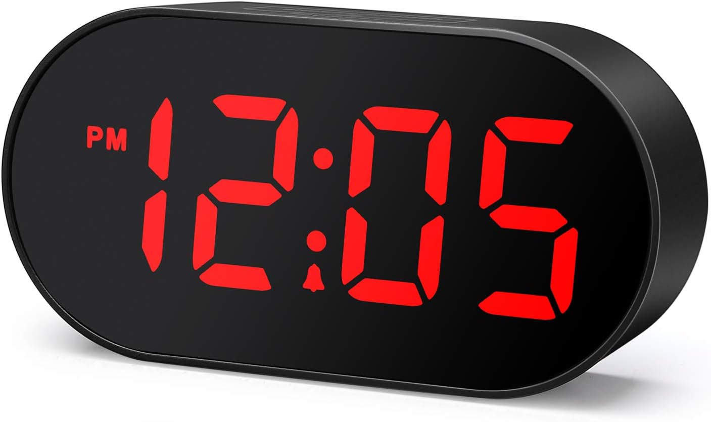 Plumeet LED Alarm Clocks Digital Clock with Dimmer and Snooze - 2 Level Alarm Volume Optional - Large Red Digit Display Bedside Clocks with USB Port Phone Charger - Simple Operation (Red)