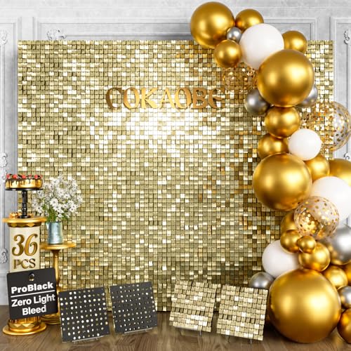 COKAOBE ProBlack Series Shimmer Wall Backdrop 36 Pcs Light Gold Square Sequin Glitter Backdrop Panel Black Back Not See-Through Design Perfect for Birthday Graduation Wedding and Party Decoration