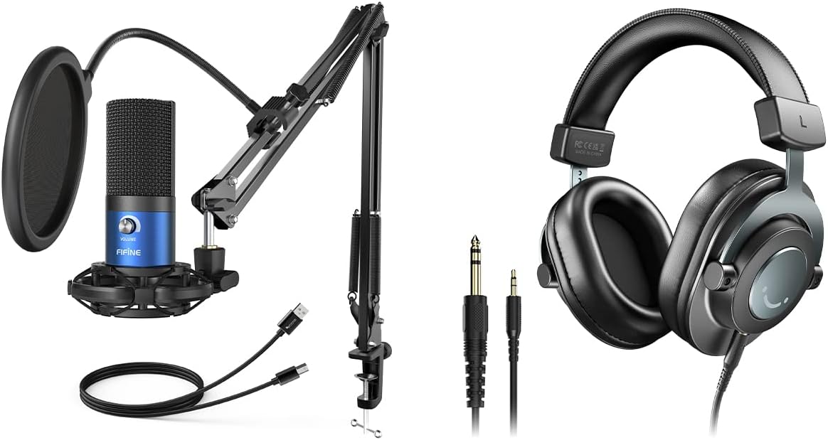 FIFINE Microphone with Arm and Wired Headphones, USB Recording PC Microphone Kit on Mac Windows PS4/PS5, Studio Monitor Headphones for Streaming Podcasting Gaming Video Monitoring (T669L+H8)