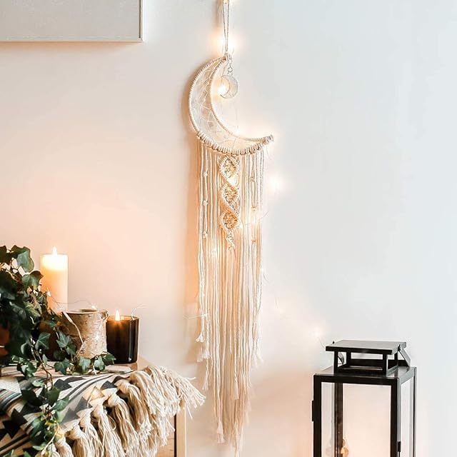 Koytoy Macrame Wall Hanging with LED Light,Moon Dream Catcher Woven Tapestry Bohemian Home Decor Wedding Party Ornaments Craft Gifts,Interior Holiday Decorations Christmas Decoration