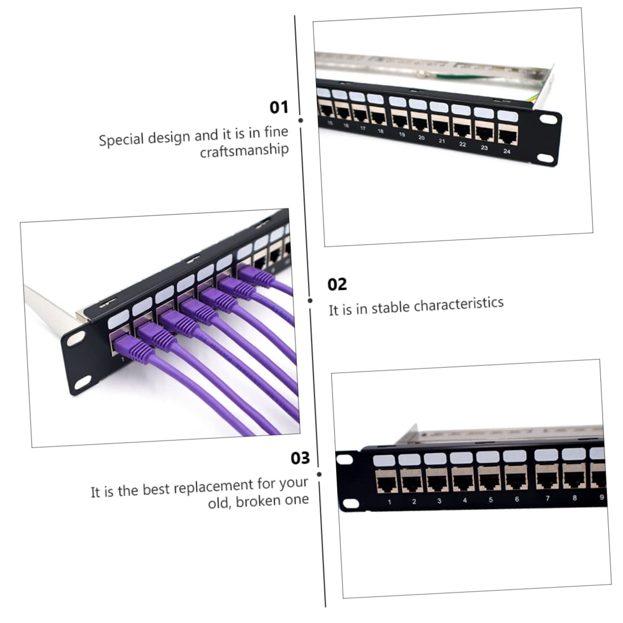 Panneau de Brassage Ethernet 19 Pouces 24 Ports Métal Noir