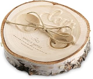 Personalisiertes Hochzeit Ringkissen Love Birkenscheibe Gravur individuell ca. 11 cm Durchmesser - Schwungschrift Motiv, inkl. Gravur Ihrer Namen und Datum, Echtes Holz, Made in Germany