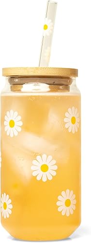Bodhi Life - Taza de vidrio para café helado con tapa y pajilla, vaso de vidrio de 16 onzas, bonita taza de flores bohemias, popotes de vidrio