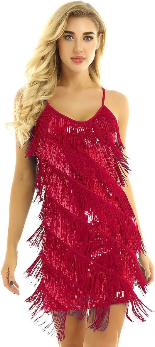 Women's Sequins Tassel Dance Costume Samba Rumba Tango Dance Dress 1920s Flapper Cocktail Party Dress