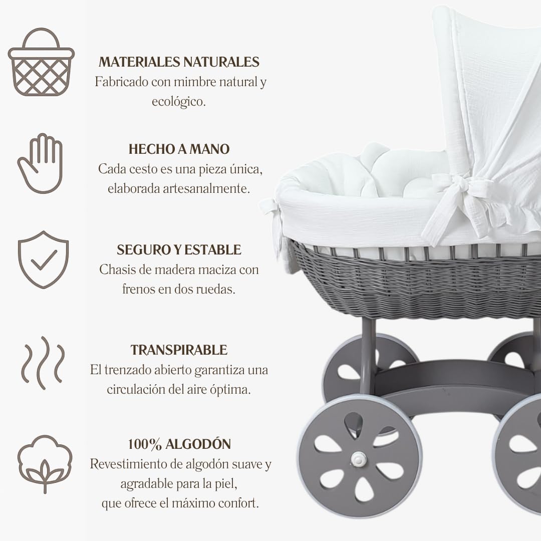 Wiklinopol Moisés de Mimbre para Bebé con Soporte de Madera y Ruedas Annabell – Cuna con Colchón y Ropa de Cama 5 Piezas Muselina Blanca – Cochecito Gris para Recién Nacido