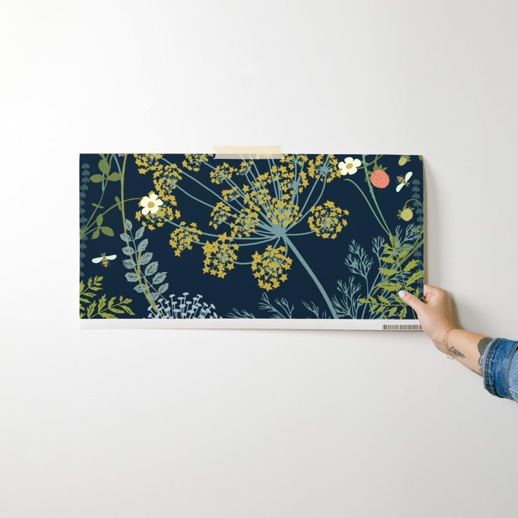 Removable Wallpaper Swatch - Botanical Grasses Honeybees XL Scale Floral Nature Dark Blue Gold Custom Pre-Pasted Wallpaper by Spoonflower