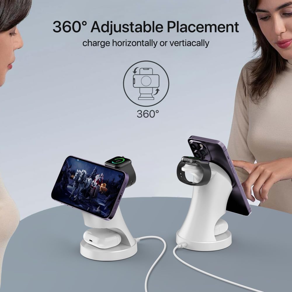 Magnetyczna ładowarka do Apple Watch i iPhone'a, 3 w 1, bezprzewodowa ładowarka do iPhone 16/15/14/13/12 Kompatybilna Samsung Apple Watch/AirPods Pro Series (biały)