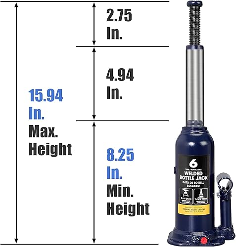 Miniatura 2 de Torin AT90603BU - Gato de botella soldado hidráulico de 6 toneladas (12,000 libras), gato portátil con mango de bomba para Cas, azul, AT90603BU