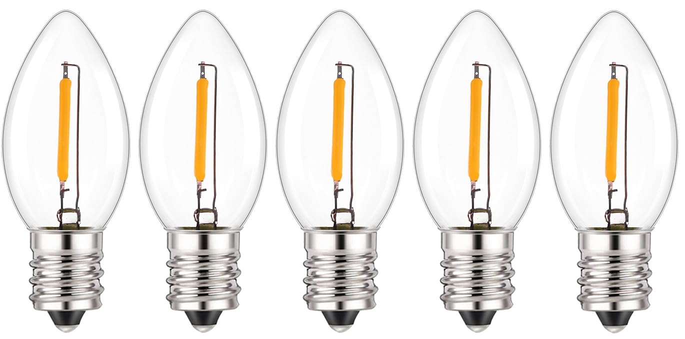 5 Pack LED C7 Candelabra Bulbs, Dimmable LED Filament Bulb, 0.5W E14 Base 2200K Soft White, 120 Lumen, Night Light Bulb Edison Style Sign Light for String Lights Replacement (C7-0.5W)