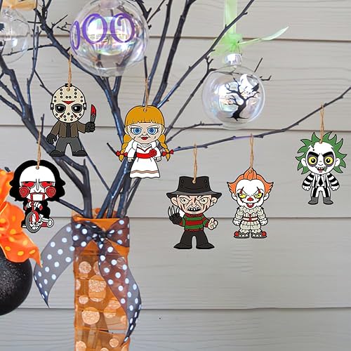 Miniatura 3 de 10 adornos para árbol de Halloween, adornos de Navidad de películas de terror para árbol, decoración de cara fantasma colgante de madera, regalos de