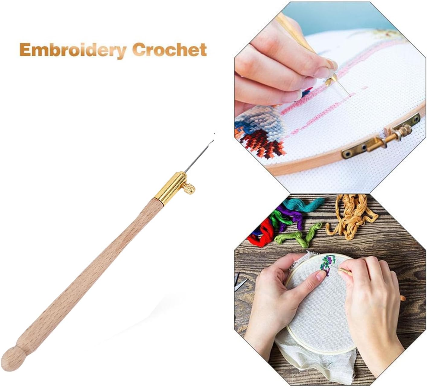 3Pcs Tambour Hooks Kit, Embroidery Crochet Hooks with 9 Needles, Wooden Handle French Tambour Hook Latch Beaded Needle for Embroidery Sequin Beading Knitting DIY Sewing