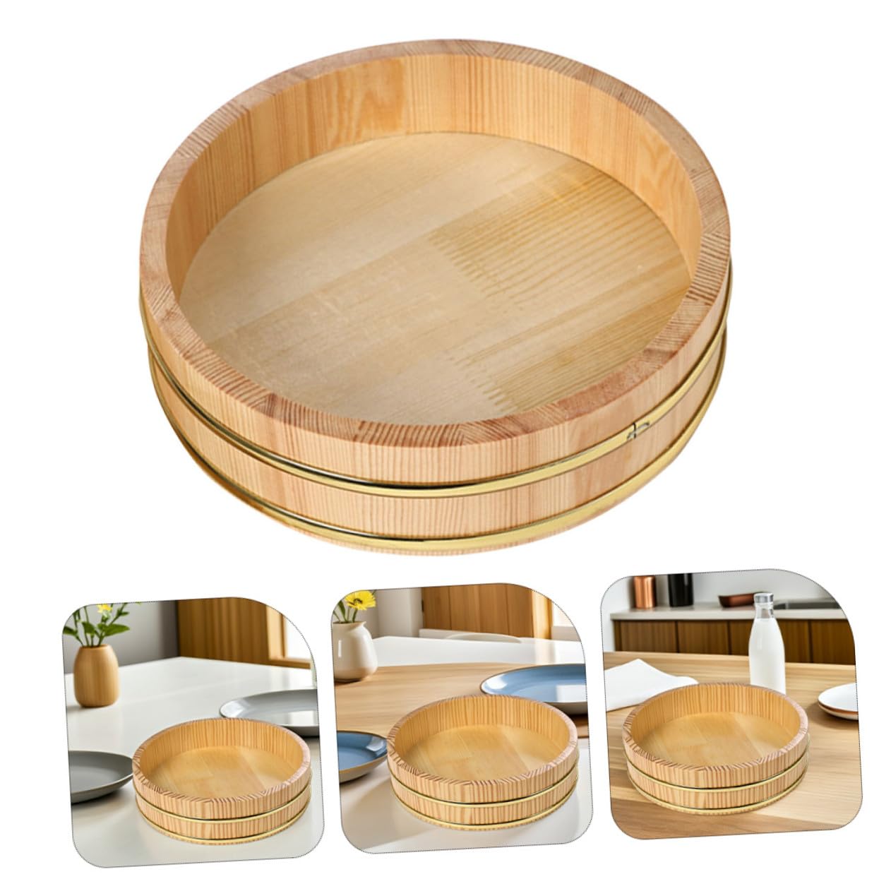 UKCOCO Bol à Riz à Sushi Traditionnel avec Bord Doré Grand Format pour Préparation et Service Plateau Polyvalent pour Familles et Restaurants