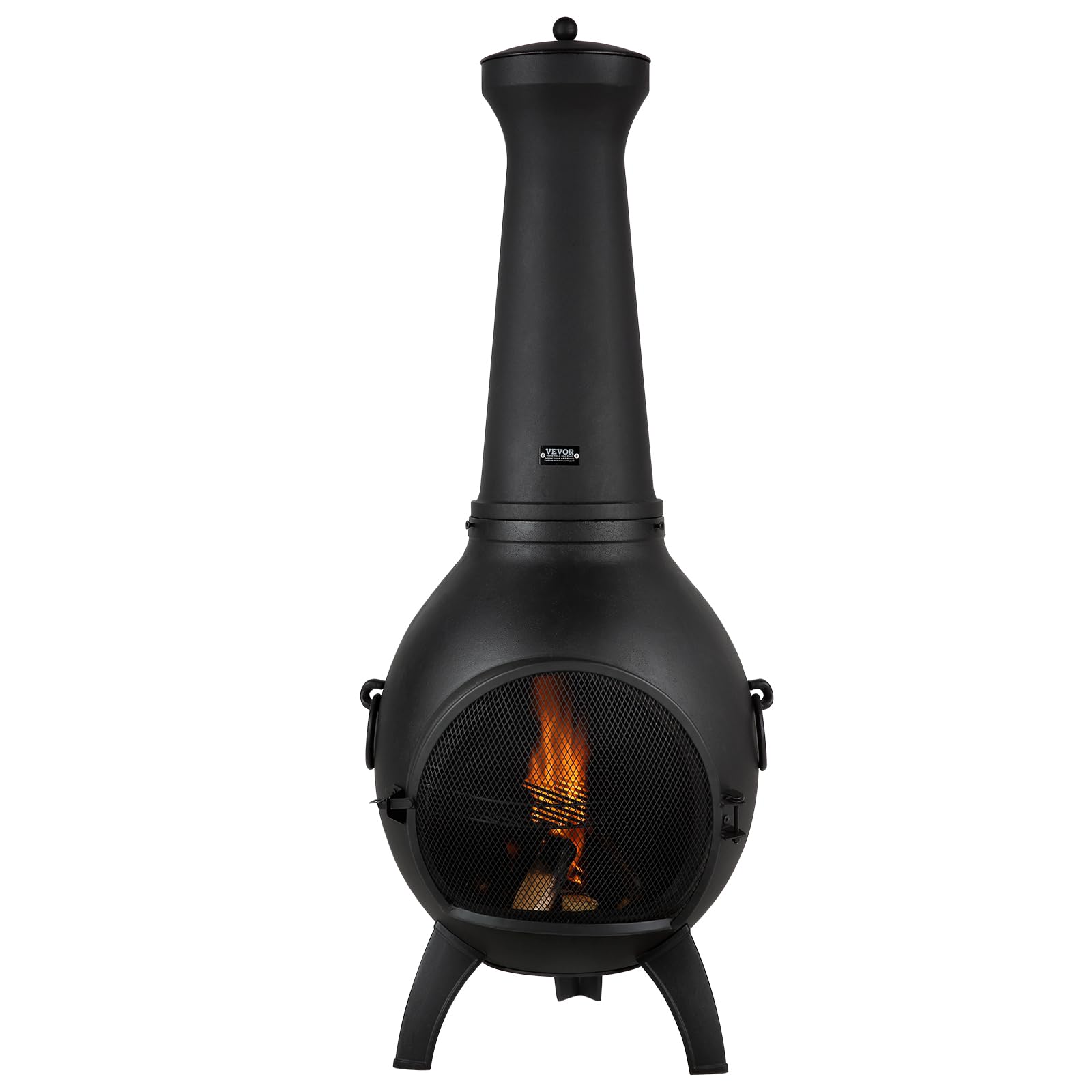 VEVOR Chimenea de Leña Exteriores 457 mm, Chimenea Esférica para Barbacoa y Calentamiento con Malla para Parrilla Revestimiento para Tapa a Prueba de Óxido para Patio, Jardín, 430 x 420 x 1120 mm