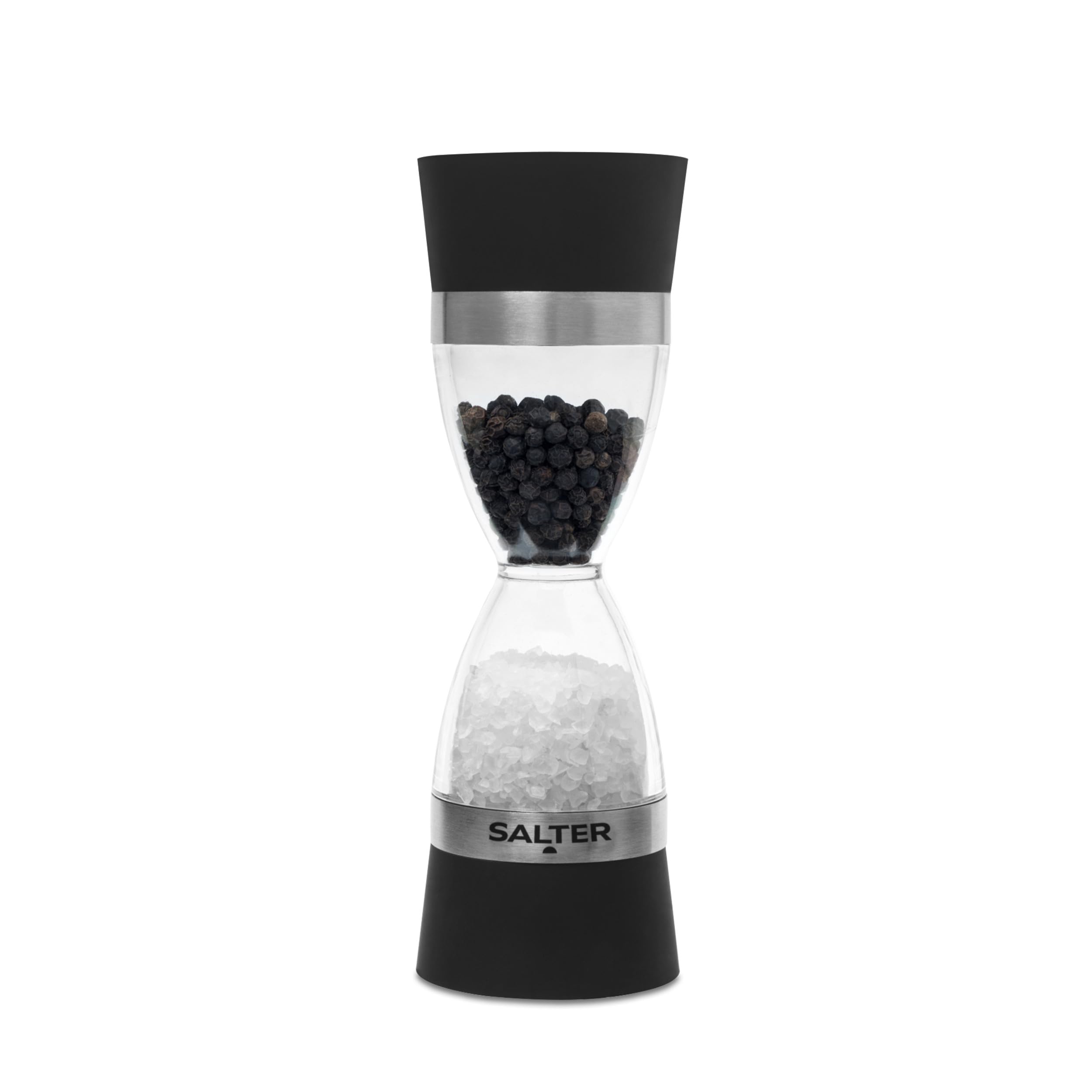 Salter 7611 BKXR 2 in 1 Salt & Pepper Grinder – Twist to Grind, Universal Ceramic Mechanism, Adjustable Fine to Coarse Grind, Dual Design for 60g Sea Salt/26g Peppercorns, Clear Acrylic Windows