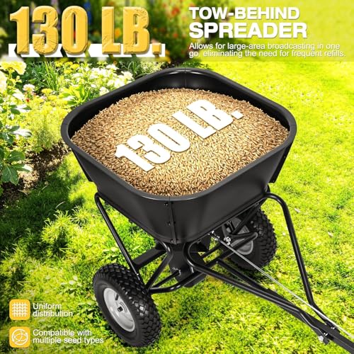 AugFir Tow Behind Broadcast Spreader, 130 LBS Capacity Lawn Fertilizer Spreader for Riding Mower, ATV, UTV & Tractor, 12 FT Spread Width Pull Behind Spreader Seeder for Grass Seed, Salt, Ice Melt by AugFir - Image 3