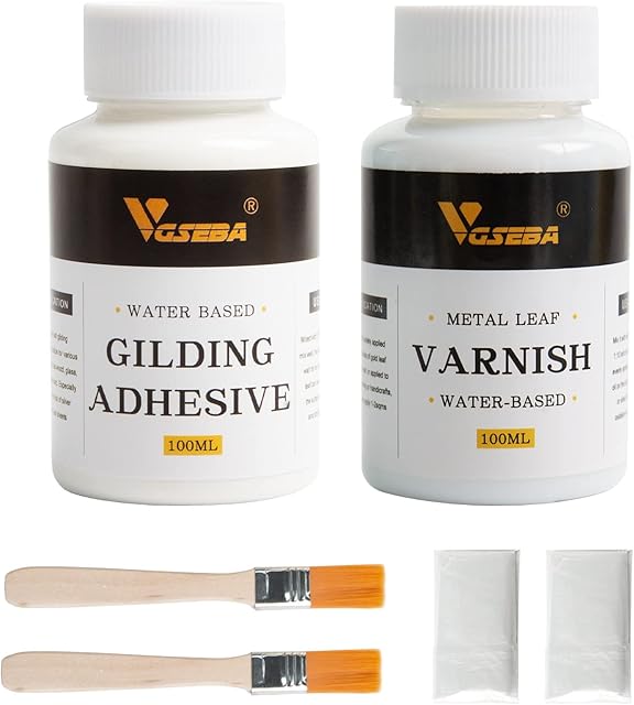 Gold Leaf Gilding Adhesive Set, 100ml Water Based Metal Leaf Glue and 100ml Varnish for Craft, Arts Use (200ml + 2 Brushes + 2 Gloves)
