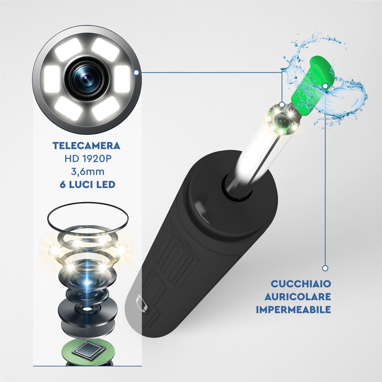 Otoscopio Pulizia Orecchie Rimozione Cerume con Telecamera 1920p WiFi 3,6mm - UdiGuard Pulitore Orecchie Digitale con 6 Luci LED Animali Adulti Bambini - Compatibile con iPhone iPad Android Nero
