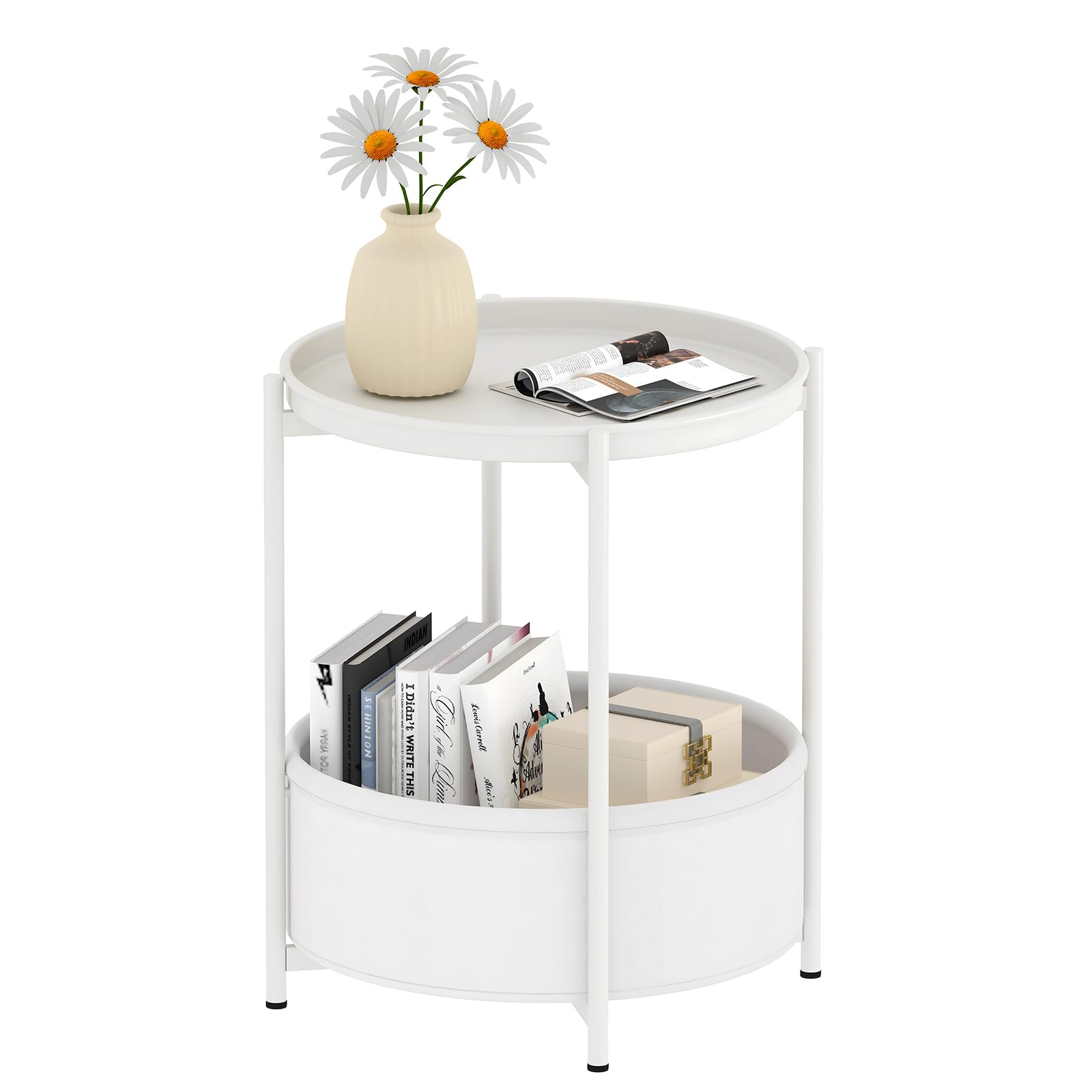 Garden 4 you Beistelltisch Rund, Sofatisch 2 Ebenen, Metall Balkontisch, Kleiner Tisch, Couchtisch mit Korb aus Stoff, Wohnzimmertisch, Beistelltische, Nachttisch fürs Schlafzimmer Wohnzimmer (Weiß)