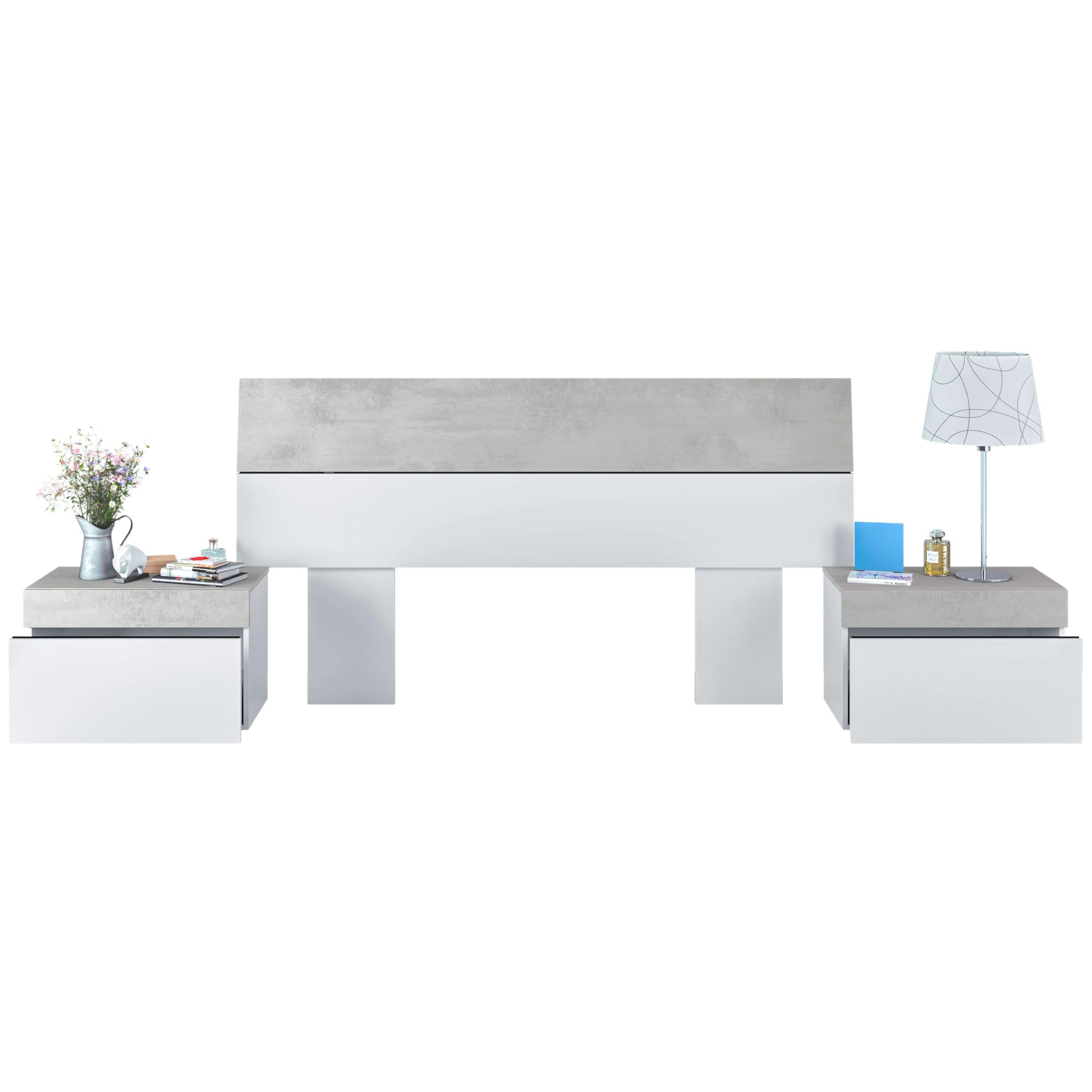 Habitdesign – Cabecero de Cama Matrimonio con 2 Mesitas, Cabezal de Matrimonio y Mesillas, Color Blanco Artik y Gris Cemento, 298x40x96,5 cm - Modelo Tekkan