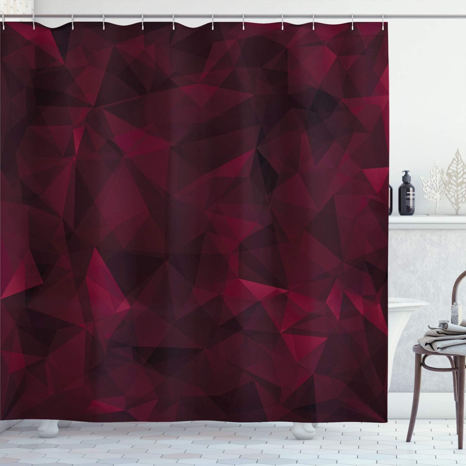 Ambesonne Abstract Shower Curtain, Broken Glass Inspired Geometric Triangle Abstract Shapes Computer Graphics, Cloth Fabric Bathroom Decor Set with Hooks, 75" Long, Dark Maroon