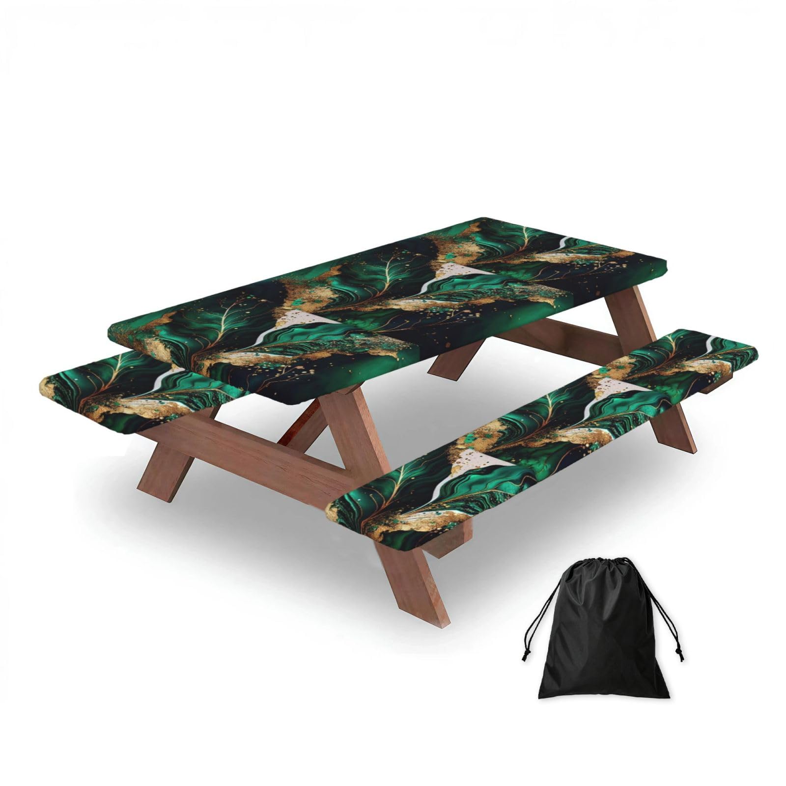 Dopklna As Picture Emerald Green Marble, Picnic Table Cover With Bench Covers -Waterproof Elastic Fitted Tablecloth For Garden Camping Patio 76X152cm