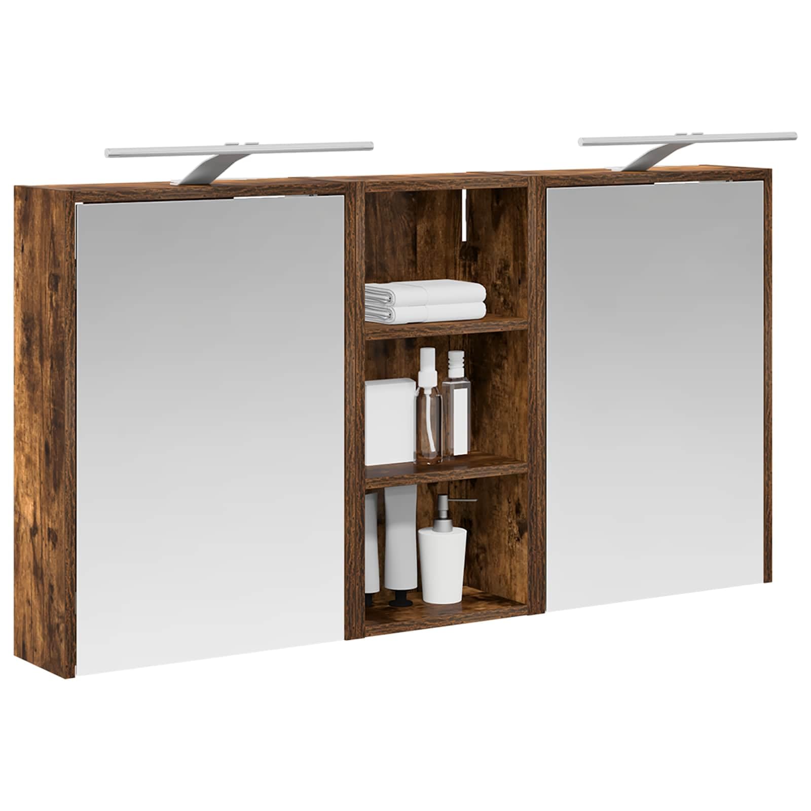 3-częściowy zestaw szafek łazienkowych z drewnopochodnym oświetleniem LED, 116 x 16 x 62,5 cm, montowana na ścianie, z miejscem do przechowywania, szufladami i półką do łazienki i łazienki