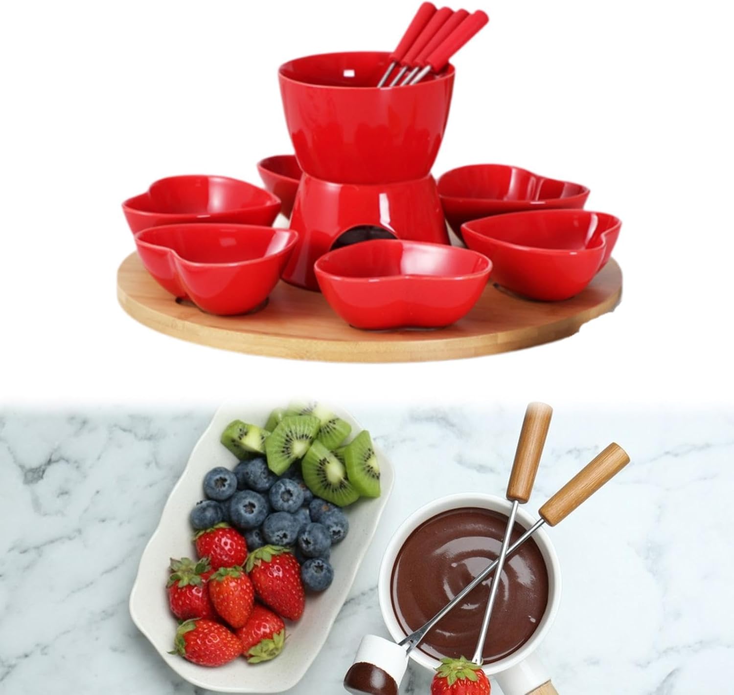 Ceramic Butter Warmer Set with for Chocolate and Caramel, red