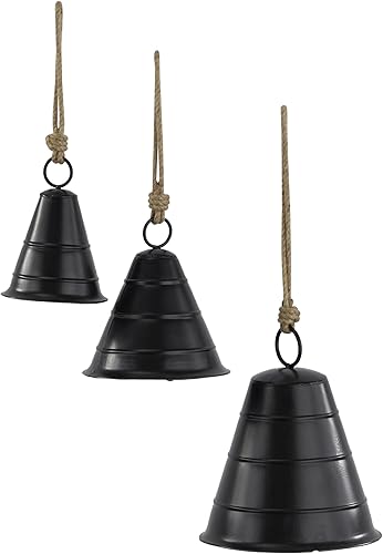 Miniatura 1 de Deco 79 Campana de vaca decorativa de meditación tibetana de metal con cuerda para colgar de yute, juego de 3 10 pulgadas, 8 pulgadas, 5 pulgadas de