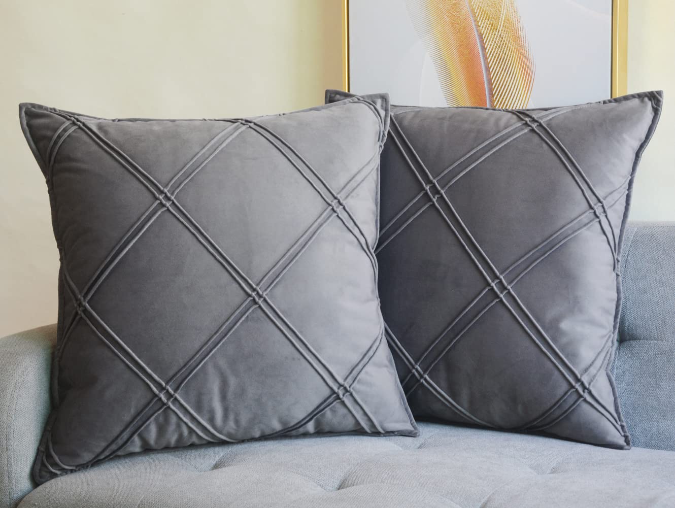 LutankyLight Grey Velvet Cushion Covers Decorative Square Throw Pillow Covers Checked Design Elegant Pillowcases for Sofa Bed Living Room 20x20 inch 50x50cm