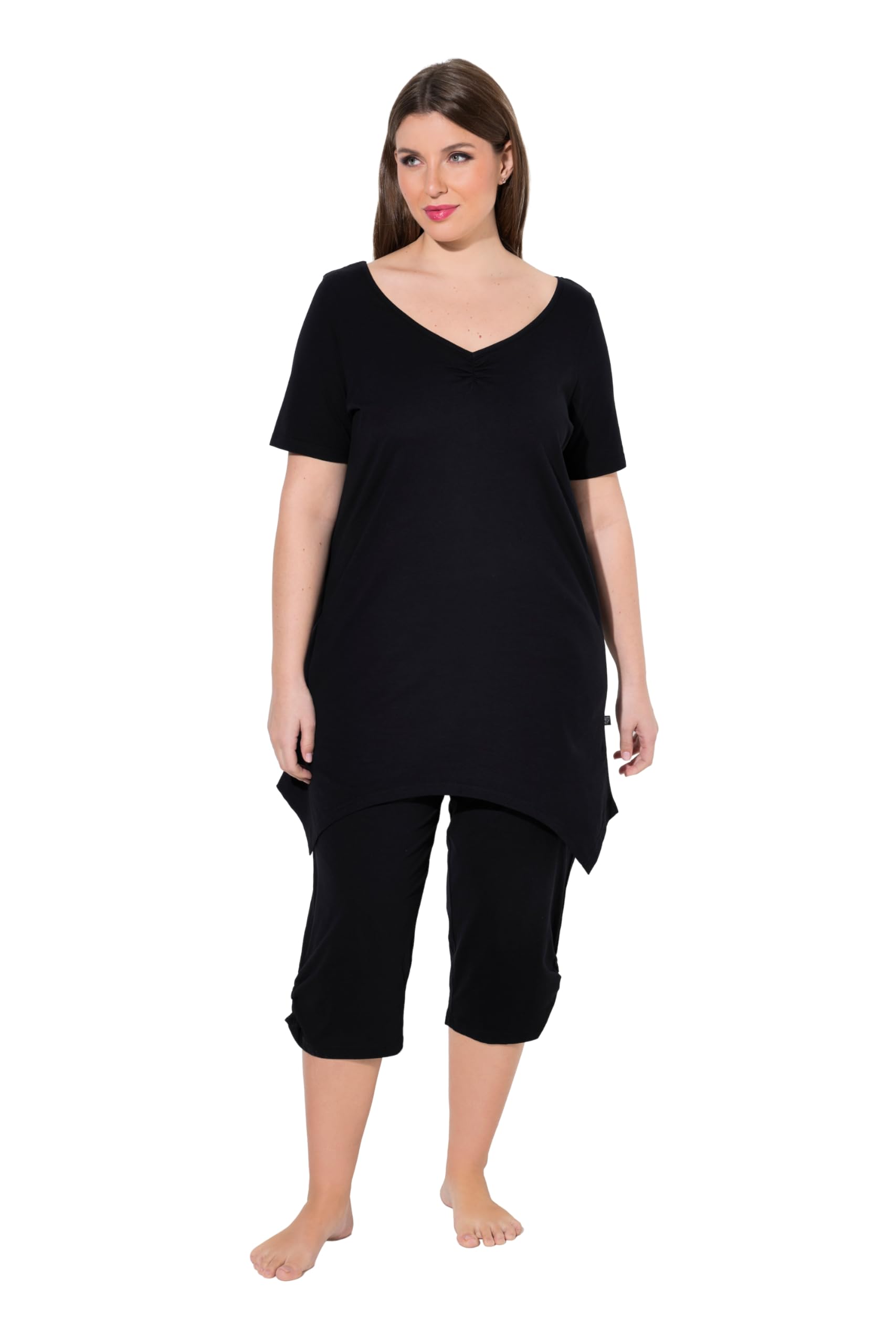 Ulla Popken Damen große Größen Übergrößen Plus Size Pyjama, Zipfelsaum, V-Ausschnitt, Halbarm 849585