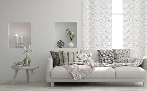 West Lake Grey Natural Geometric Bohemia Curtains 84 Inch Boho Farmhouse Linen Panels Embroidery Beige Semi Sheer Drapes Lattice Pattern Grommet Rustic Window Treatment Living Room Bedroom 40”X84”X2 #TOP1