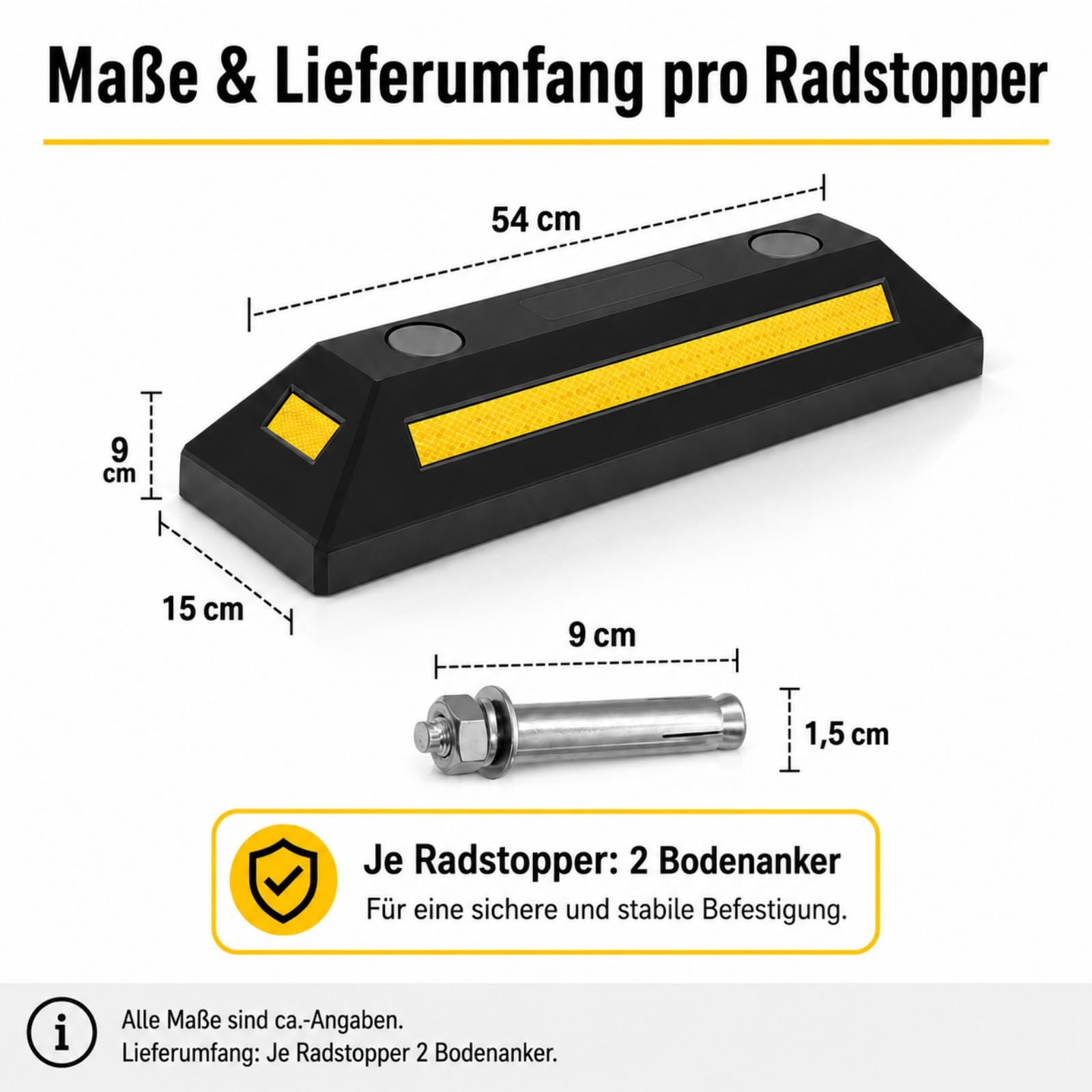 4 Stück Gummi Radstopper 54 x 15 x 9 cm mit Bodenankern | Präzise Einparkhilfe aus wetterbeständigem Gummi mit Reflektorstreifen für Garage, Stellplatz und Außenbereich.
