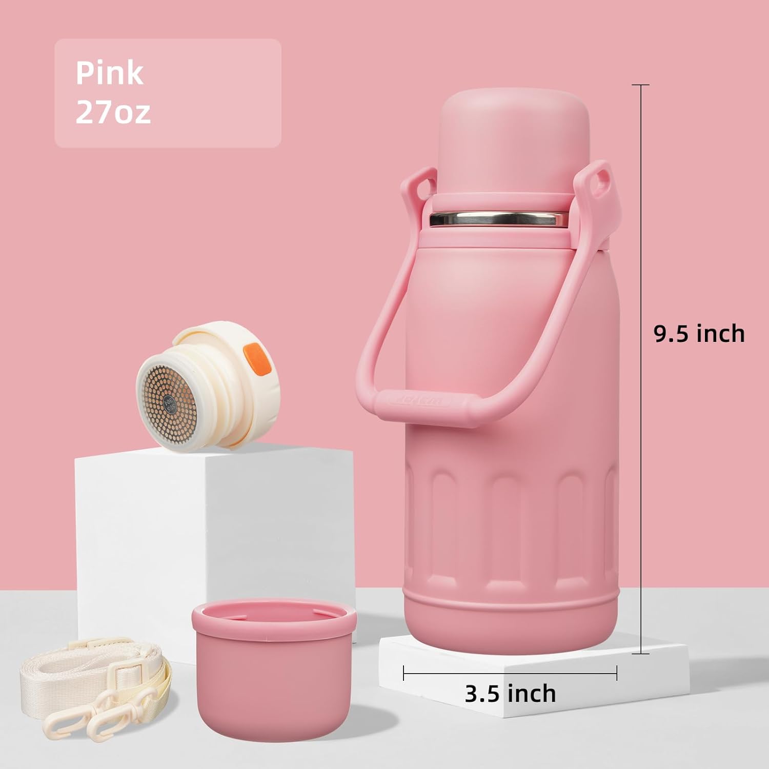 Insulated Water Bottle with Handle and Strap,Vacuum Travel Tumbler with Cup Lid,Thermo Coffee Cup for Hot Cold Drinks 27 OZ,Pink - Image 2