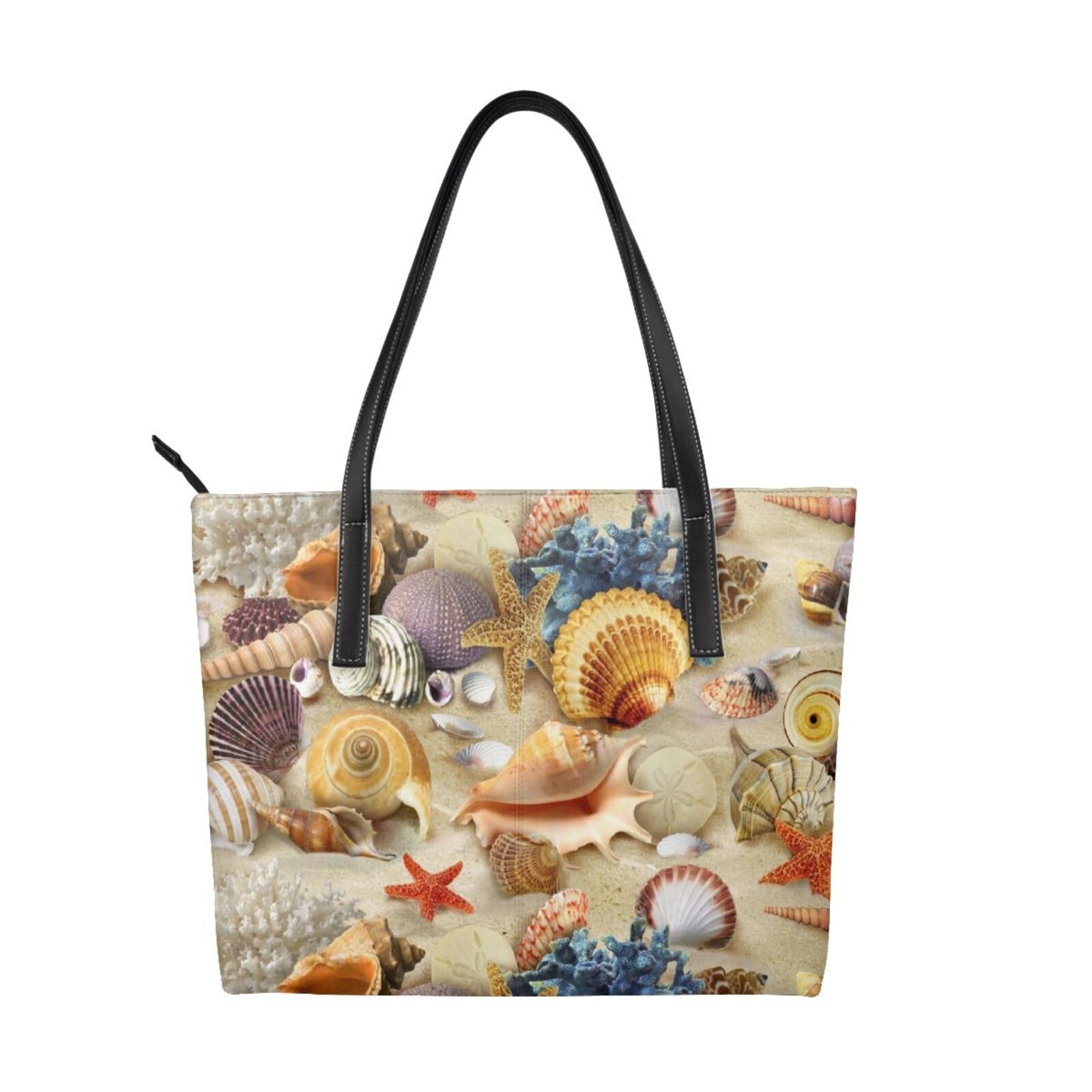 Patrón de conchas de playa,Bolso de mano de piel sintética, bolso tote de gran capacidad, bolso de hombro para mujer, ideal para el trabajo y los viajes.