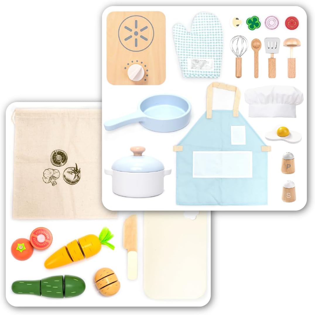 UMU® Wooden Kids Cooking Set – Pretend Play Kitchen Toy with Pots, Pans, Play Food, Utensils, Apron & Chef Hat for Kids Ages 3+ & Cutting Vegetable Set for Toddlers and Kids Ages 2+ Bundle