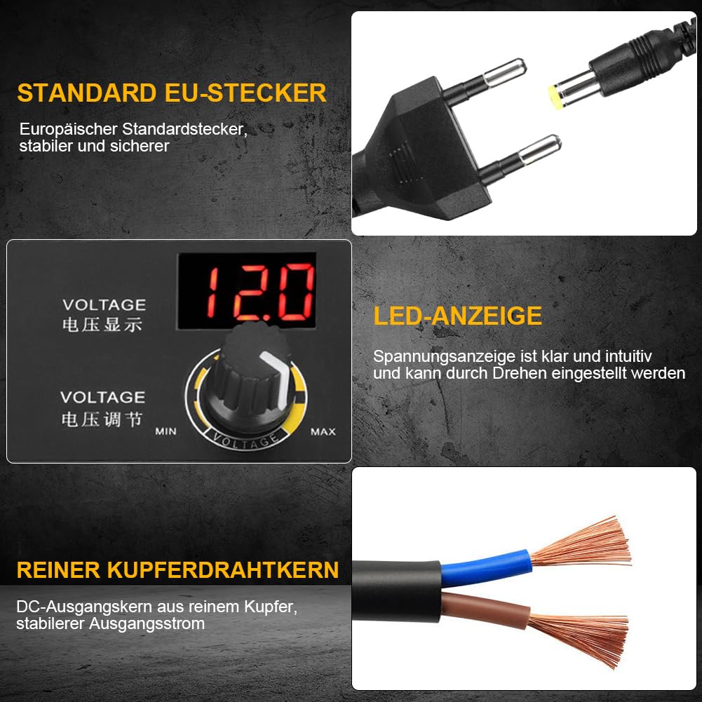 Alimentation Réglable 3-12V 5A, Transformateur Variable Transfo Variateur 12V Alimentation Laboratoire avec Contrôle de Tension Adaptateur Secteur Réglable avec Bouton Rotatif Affichage LED