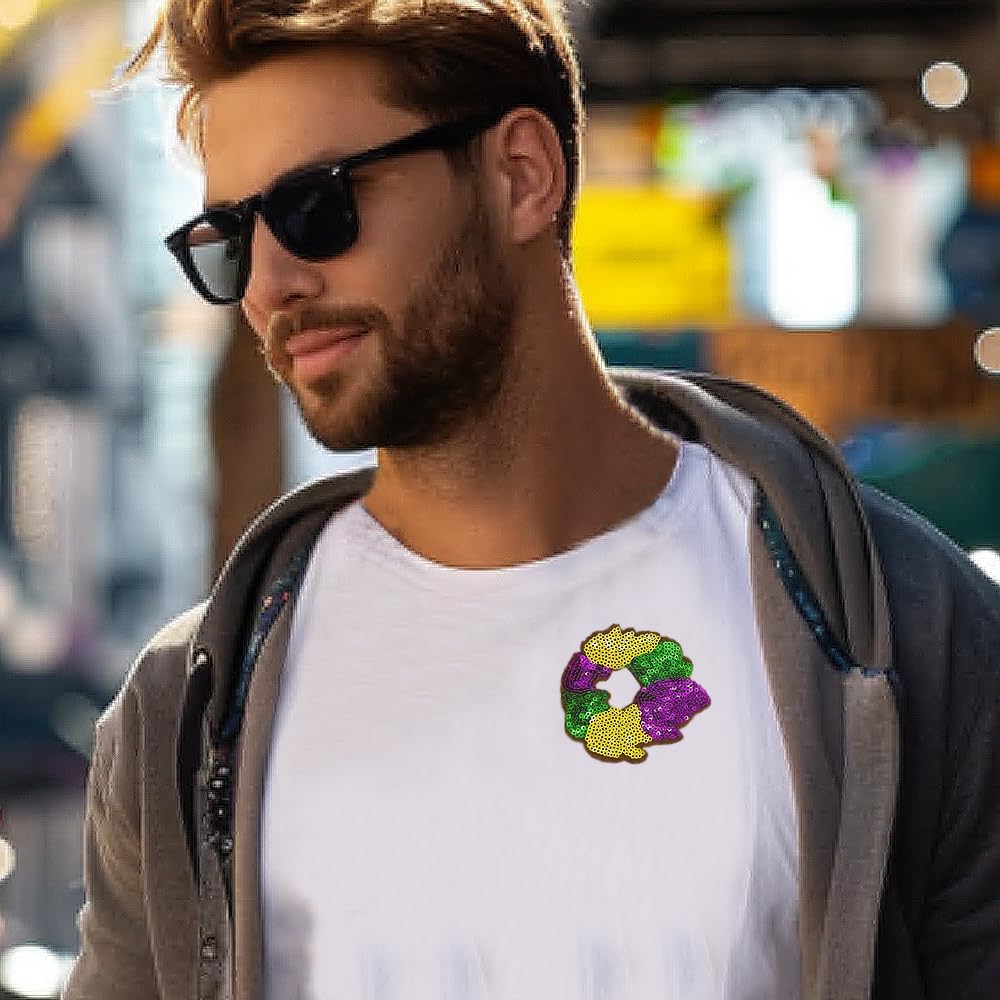 3 Pieces Pack Mardi Gras King Cake Sequins Iron-On Patches Appliques - Image 5