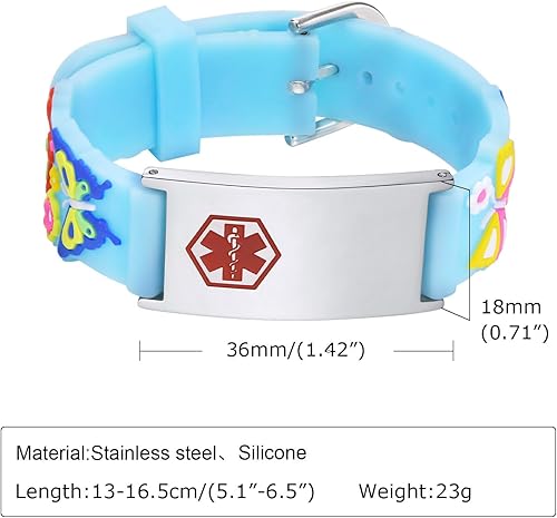 Miniatura 7 de MEALGUET Pulseras de identificación de alerta médica para niños, pulsera de identificación médica ajustable de silicona y acero inoxidable para